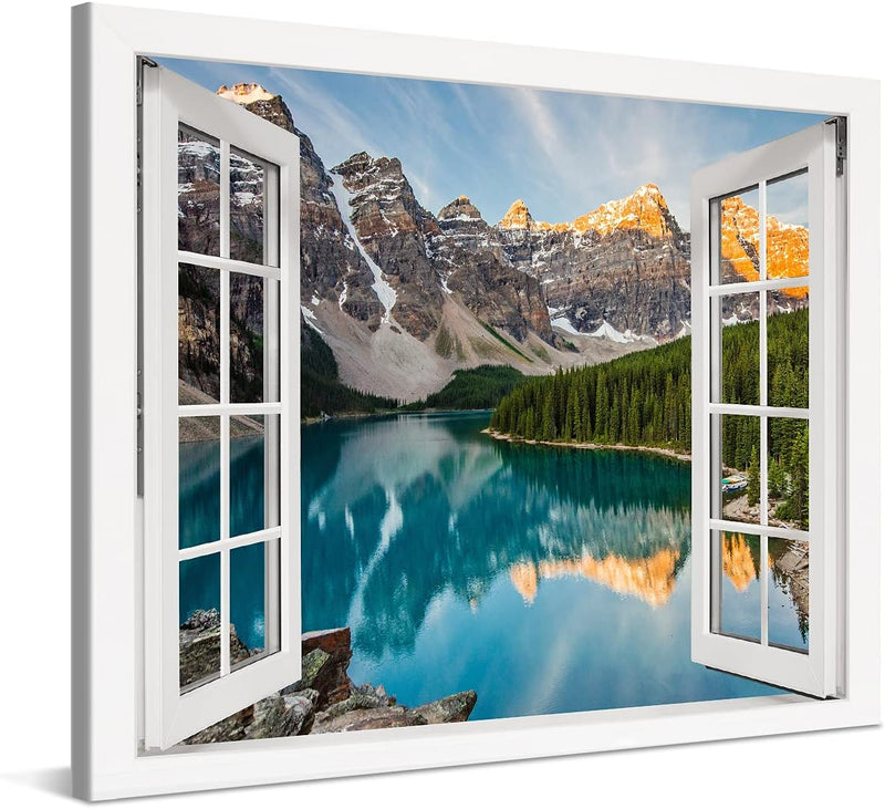 PICANOVA – Bild auf Leinwand Bergsee Moraine Fenster 100x75cm Leinwandbild – Premium Leinwanddruck –