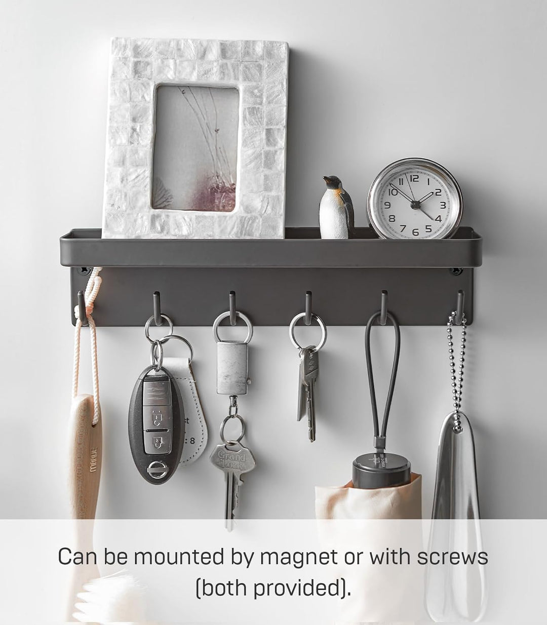 Yamazaki 2755 SMART Magnetischer Schlüsselhaken mit Ablage, schwarz, Stahl, minimalistisch, 24.5 x 4