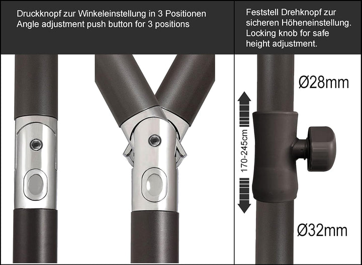 QUICK STAR Balkon Sonnenschirm 200x125cm Balkonschirm Rechteckig Knickbar Taupe Gartenschirm UV 50 m