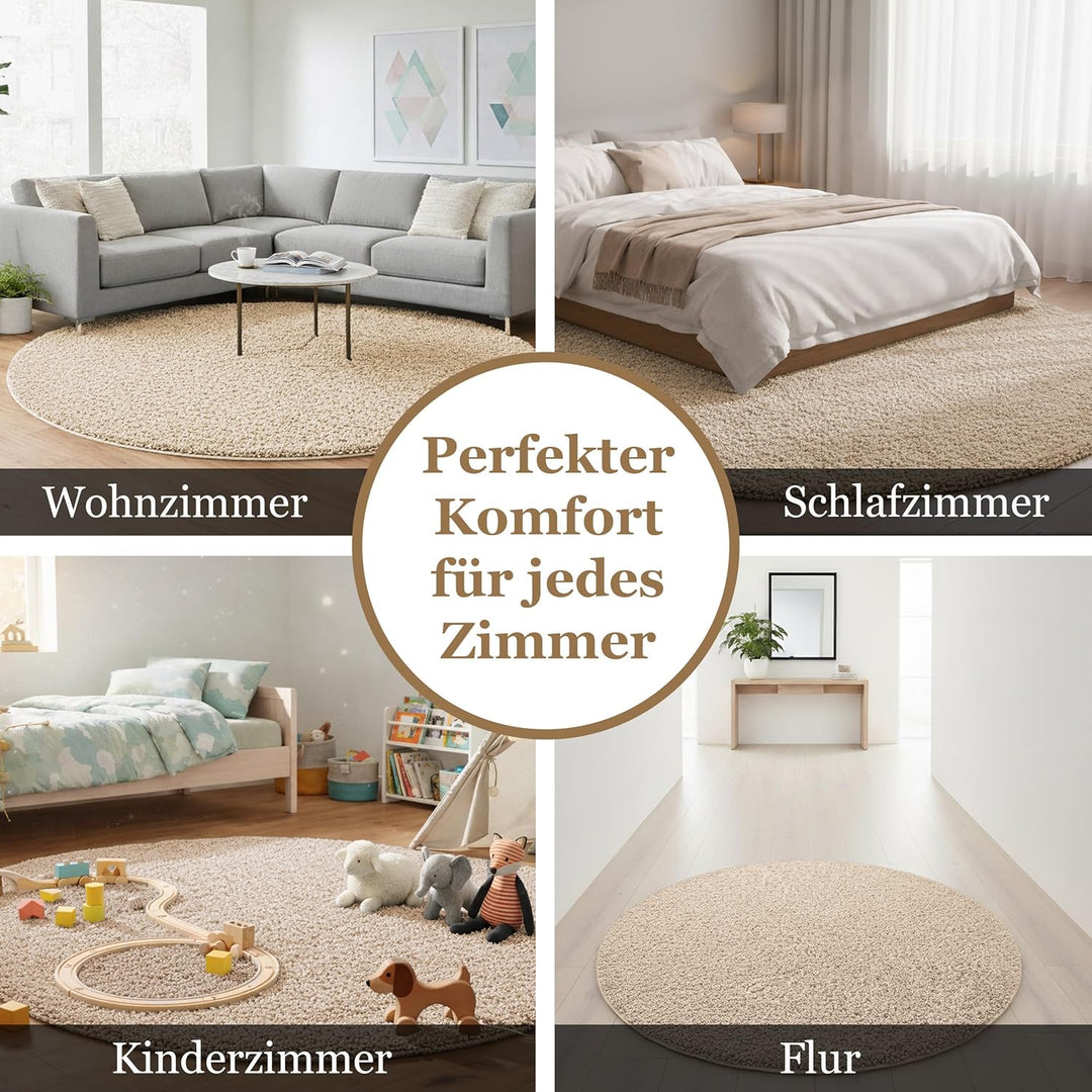 Taracarpet Shaggy Teppich Wohnzimmer Venezia Hochflor Langflor Teppiche modern Beige 120 cm rund 120