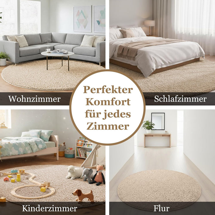 Taracarpet Shaggy Teppich Wohnzimmer Venezia Hochflor Langflor Teppiche modern Beige 120 cm rund 120