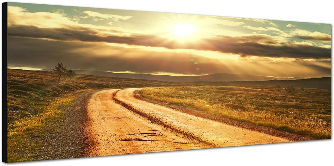 Paul Sinus Art Panoramabild auf Leinwand und Keilrahmen 120x40cm Norwegen Wiesen Strasse Sonnenunter