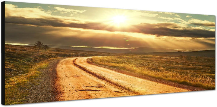 Paul Sinus Art Panoramabild auf Leinwand und Keilrahmen 120x40cm Norwegen Wiesen Strasse Sonnenunter