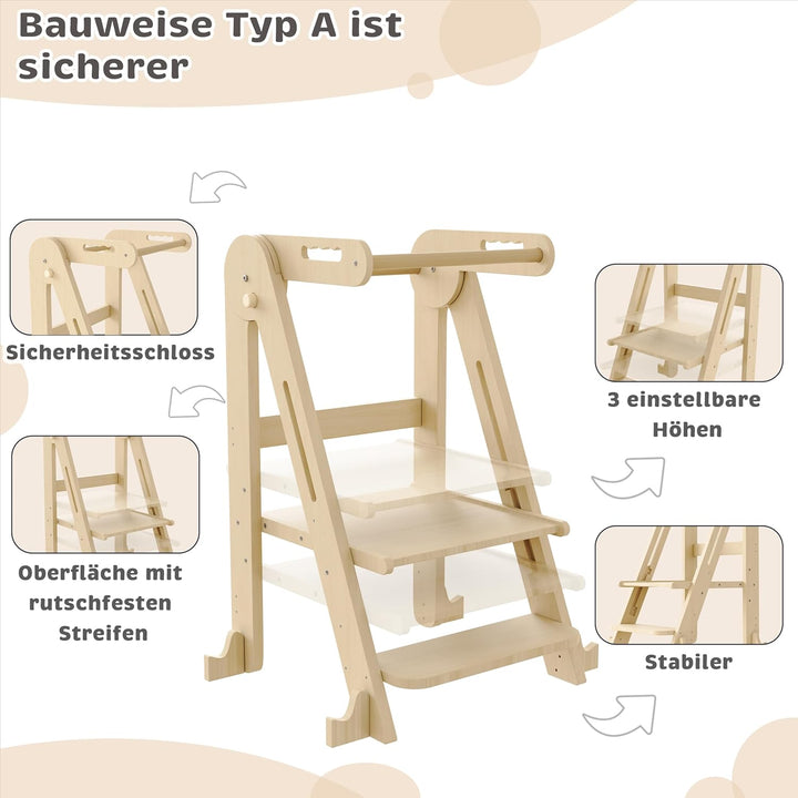 Klappbarer Toddler Tower Tritthocker, Höhenverstellbarer Kinderhocker mit Sicherheitsleiste & Rutsch
