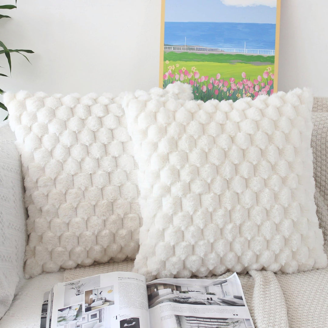 NIULAA Flauschig Kissenbezug 45x45 Creme Weiss 2er Set Plüsch Deko Kissenbezüge Weich Gestreift Kiss