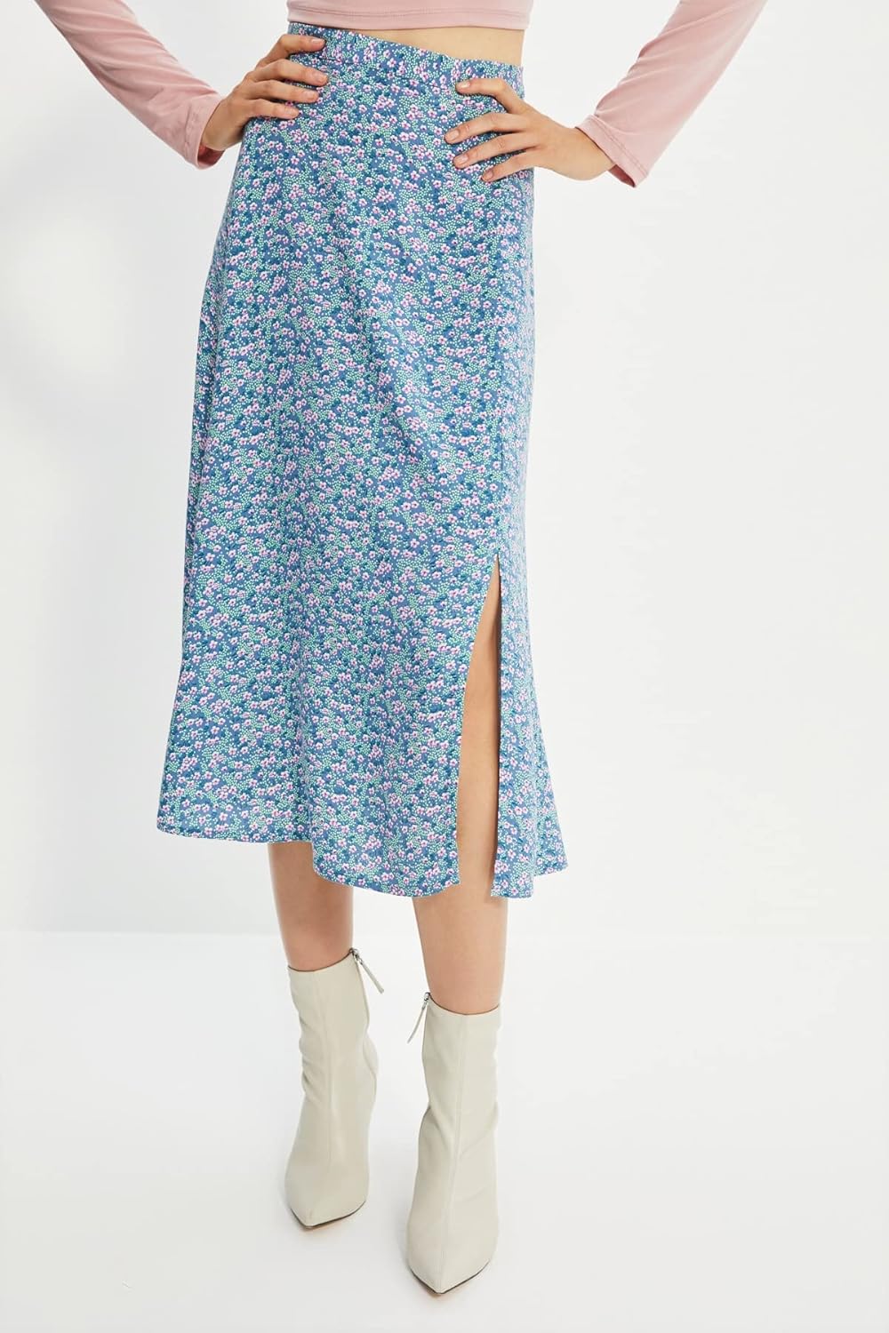 TRENDYOL Frau Midi A-Linie A-Linie Webstoff Rock 38 Blau, 38 Blau