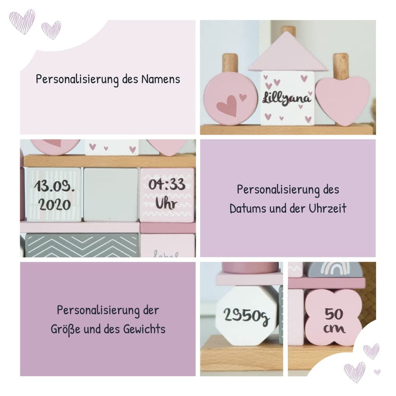 KIDSLINO Steckspiel Haus rosa Personalisierbares Geschenk zur Geburt Mädchen Handmade Holzspielzeug