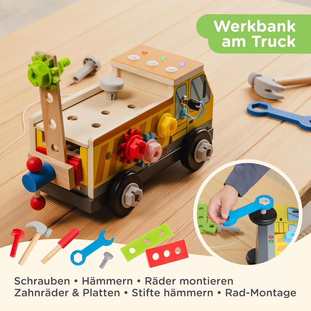 Nene Toys Montessori Busy Board LKW – FSC® Holz Werkzeugkoffer &amp; Schraubbrett mit 3 LED-Schaltern, S