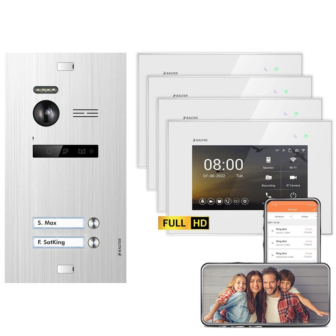 Balter EVO HD Silber/Weiss WiFi Video Türsprechanlage Set für 2 Familienhaus (1x Türstation mit Full