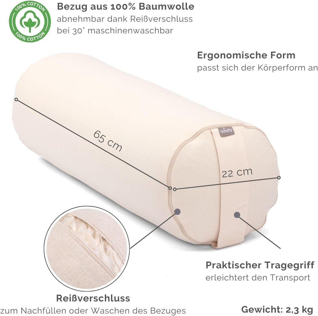 Bodhi Yoga Bolster | ECO Serie | Yogarolle mit Kapok-Füllung | Waschbarer Bezug aus 100% Bio-Baumwol