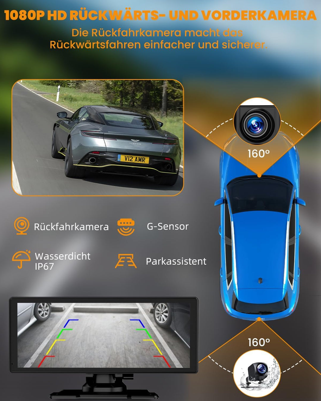 Carplay Display, 8.88" Apple Carplay, Android Auto Display mit 1080P HD Rückfahrkamera & Frontkamera