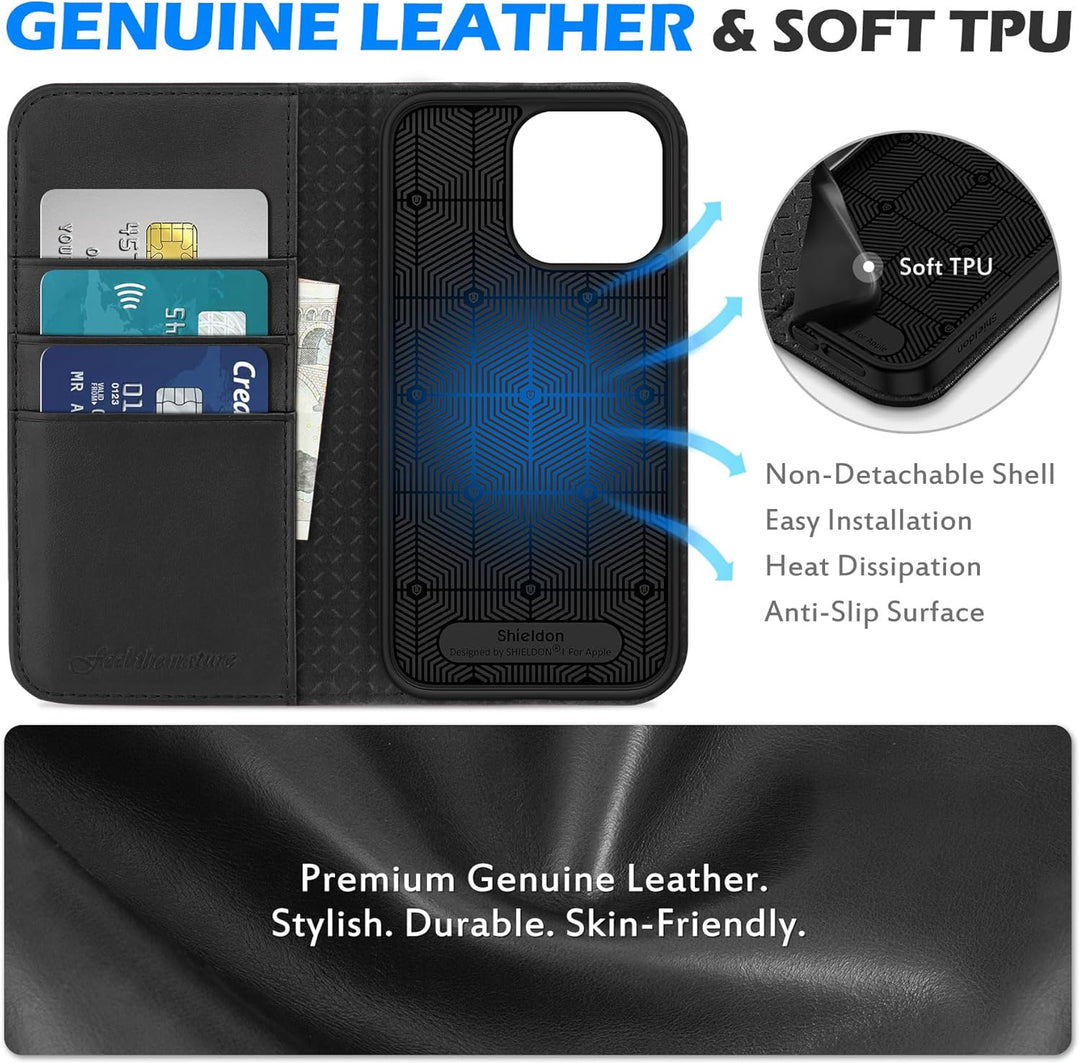 SHIELDON Hülle für iPhone 15 Pro Max, Handyhülle TPU [Echtleder] [Kartenfach] [Magnet] [Stand] [RFID