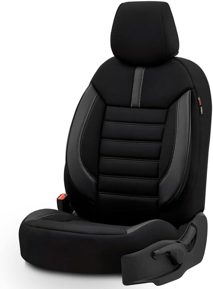otoM Universelle Stoff/Leder Sitzbezüge 'Limited' Schwarz + Graue Nähten- 11-Teilig- - kompatibel mi