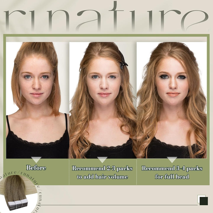 RUNATURE Tape Extensions Echthaar 50cm Balayage Braun Ombre Blond Unsichtbarer Tape in Haarverlänger