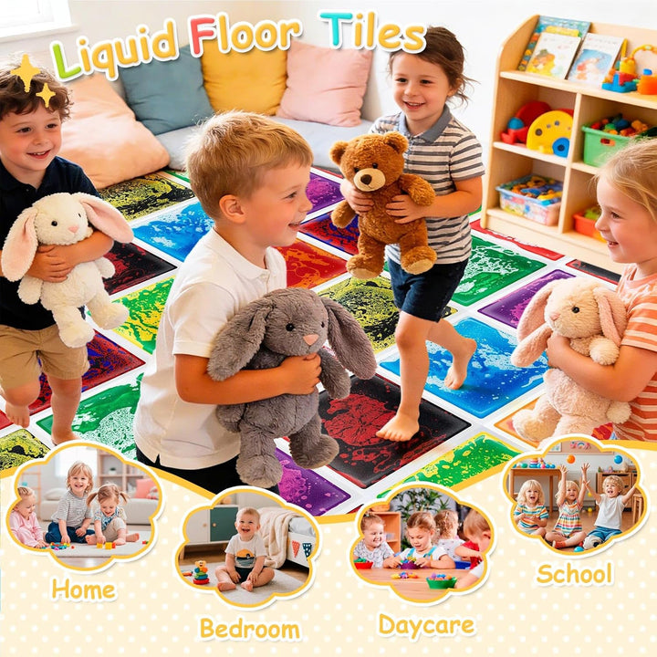 Art3d Flüssige Sensorische Bodenfliesen 30 x 30 cm Spielzimmer Tanzfläche Quadratisch Bunt 4 Fliesen