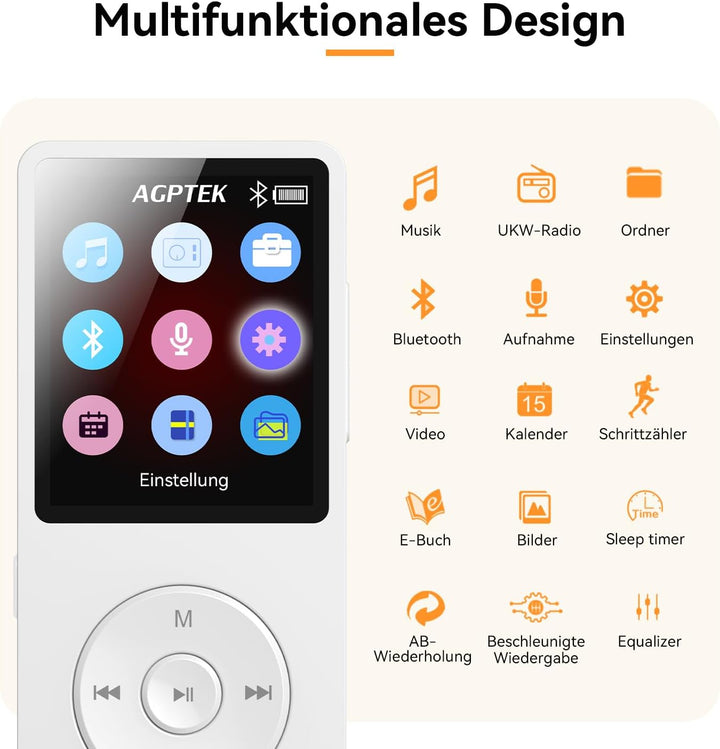 AGPTEK 64GB MP3 Player Bluetooth 5.3 mit Lautsprecher, 40 Stunden Akkulaufzeit Kleiner und klassisch