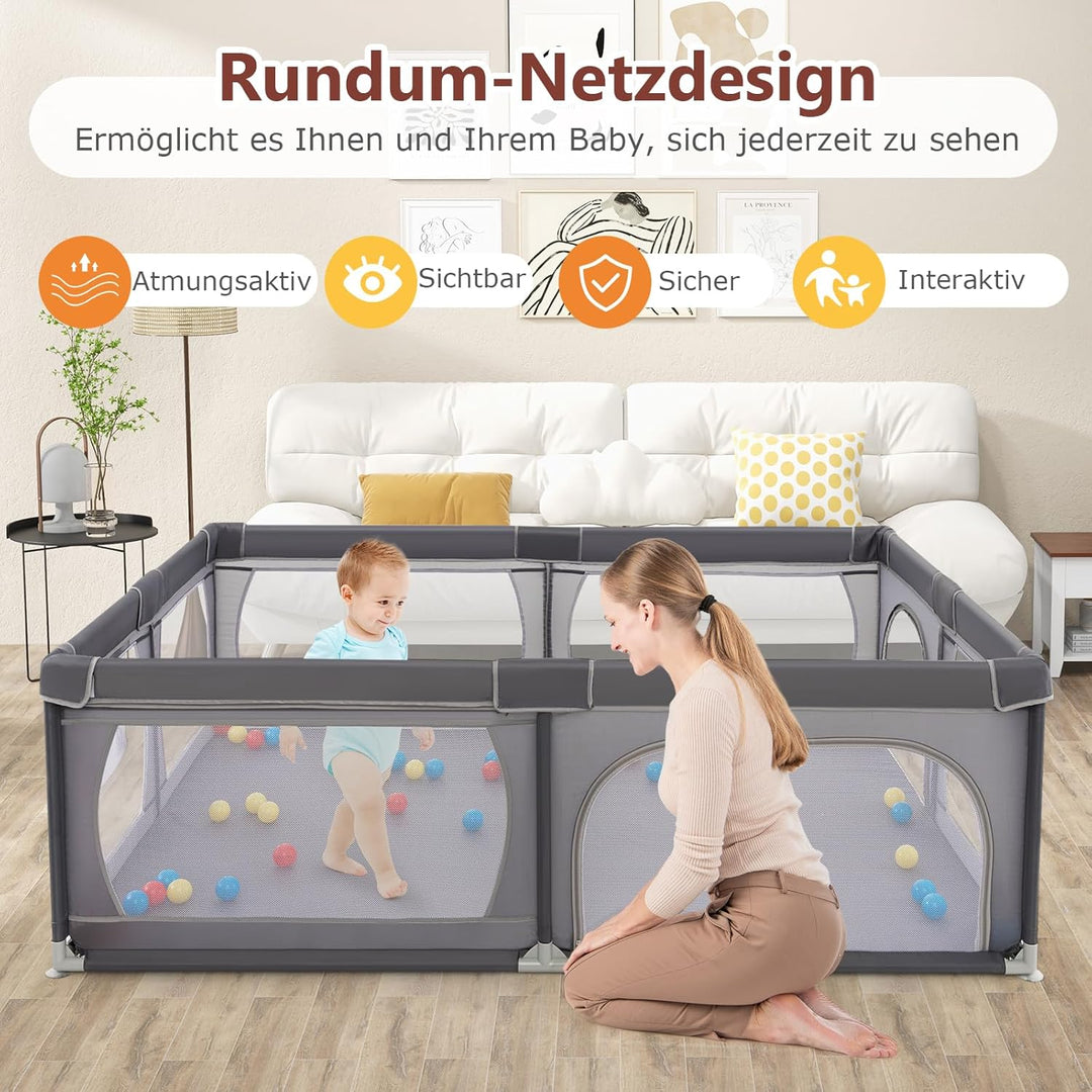 DREAMADE 200 x 140 cm Baby Laufstall, Laufgitter mit 50 Bällen & Tragetasche, Krabbelgitter für Kind