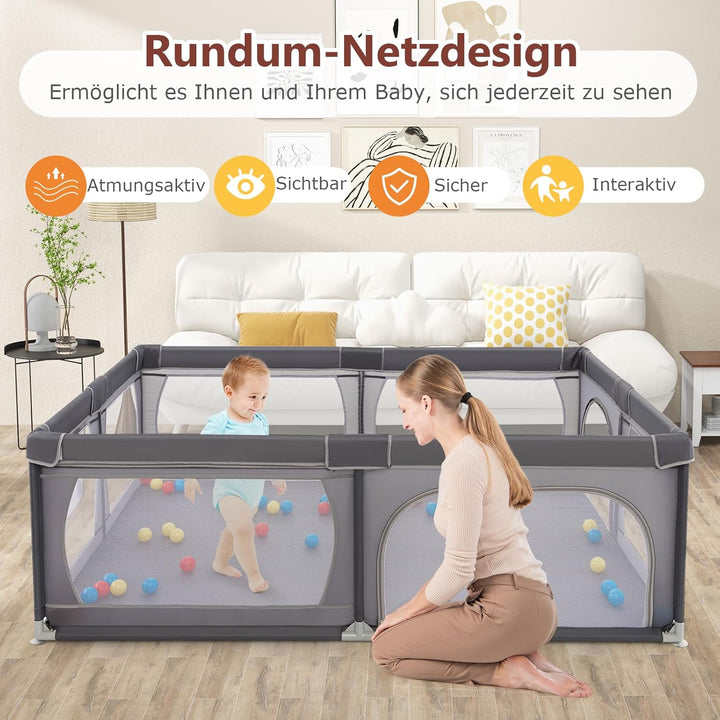 DREAMADE 200 x 140 cm Baby Laufstall, Laufgitter mit 50 Bällen & Tragetasche, Krabbelgitter für Kind