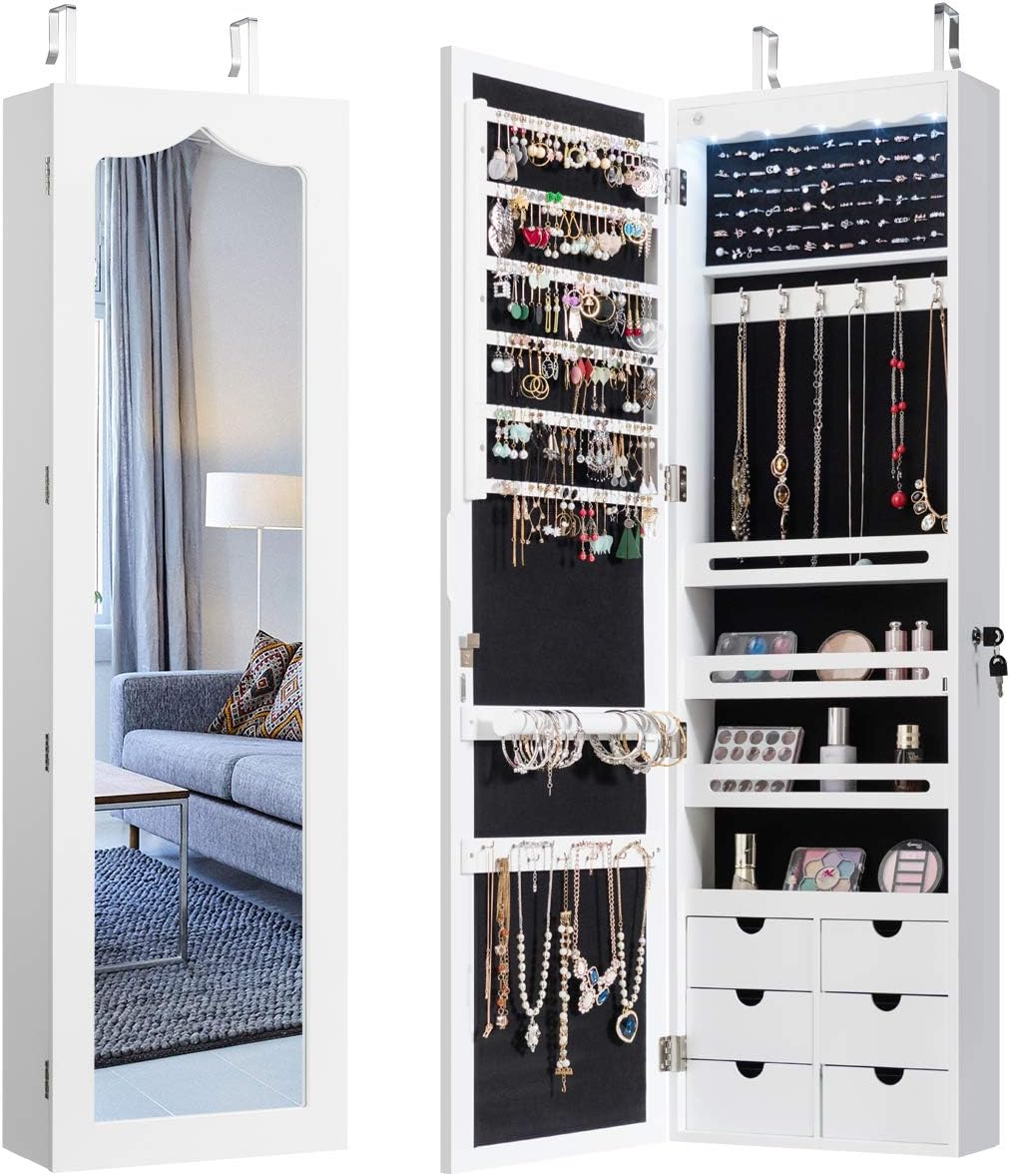 GOPLUS Schmuckschrank mit Schloss & 2 Schlüsseln, Schmuckregal mit LED-Beleuchtung, Spiegelschrank m
