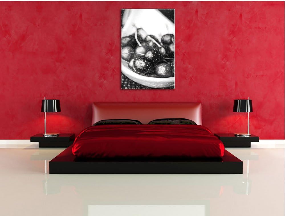 Pixxprint Frische Kirschen in Schlüssel Kohle Zeichnung Effekt, Format: 100x70 auf Leinwand, XXL rie