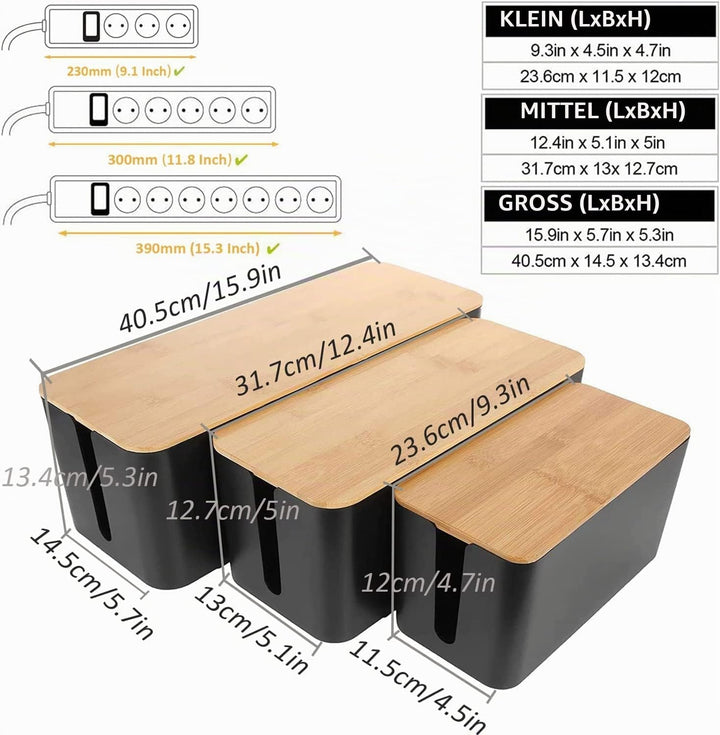 SENENQU 3er-Set Kabelbox Schwarz, Grosse Kabel Organizer Box mit Holzdeckel für Kabel, Grosse und Kl