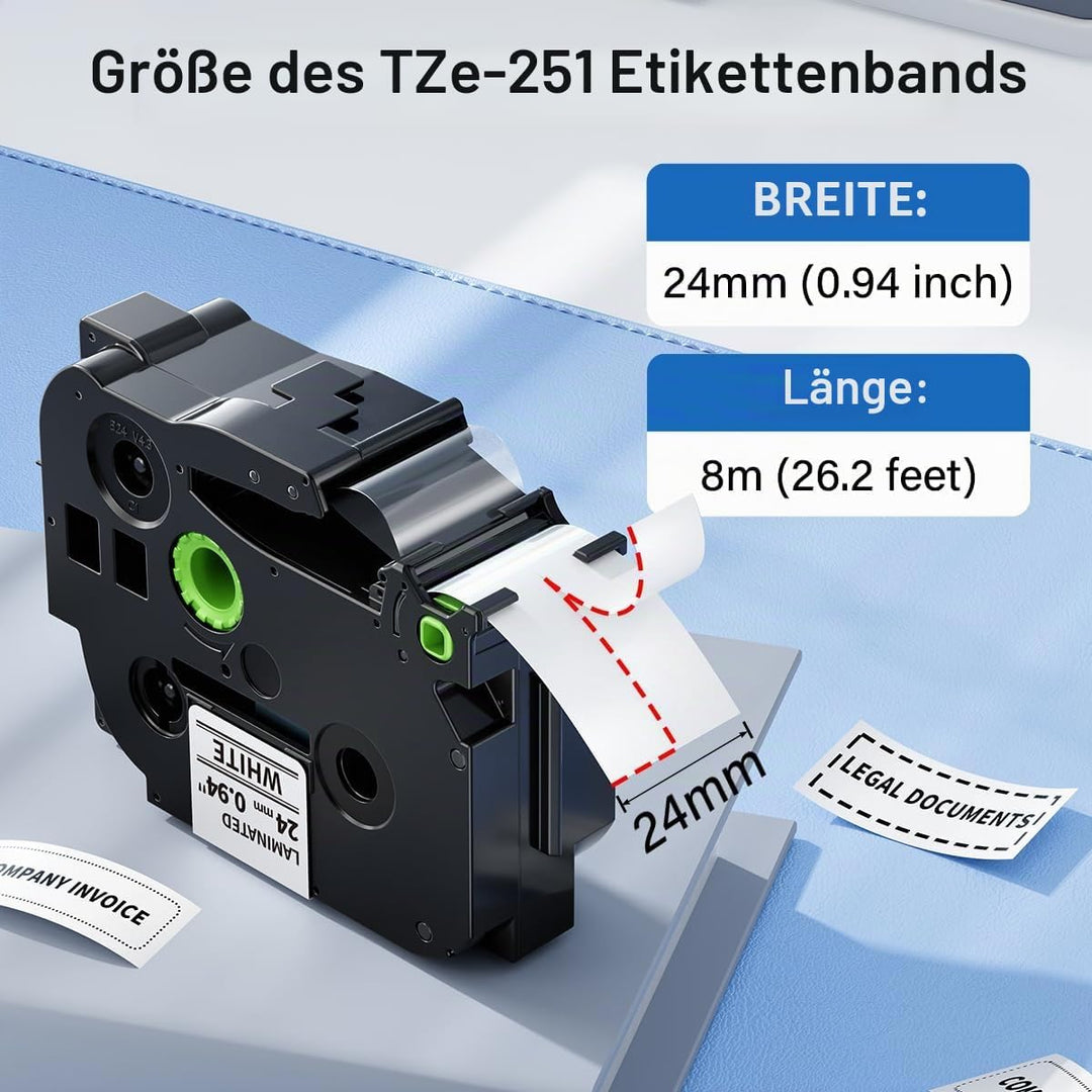 Tze-251 Schriftbänder 24mm Schwarz auf Weiss, kompatibel mit Brother P-touch Bänder 24mm für Brother