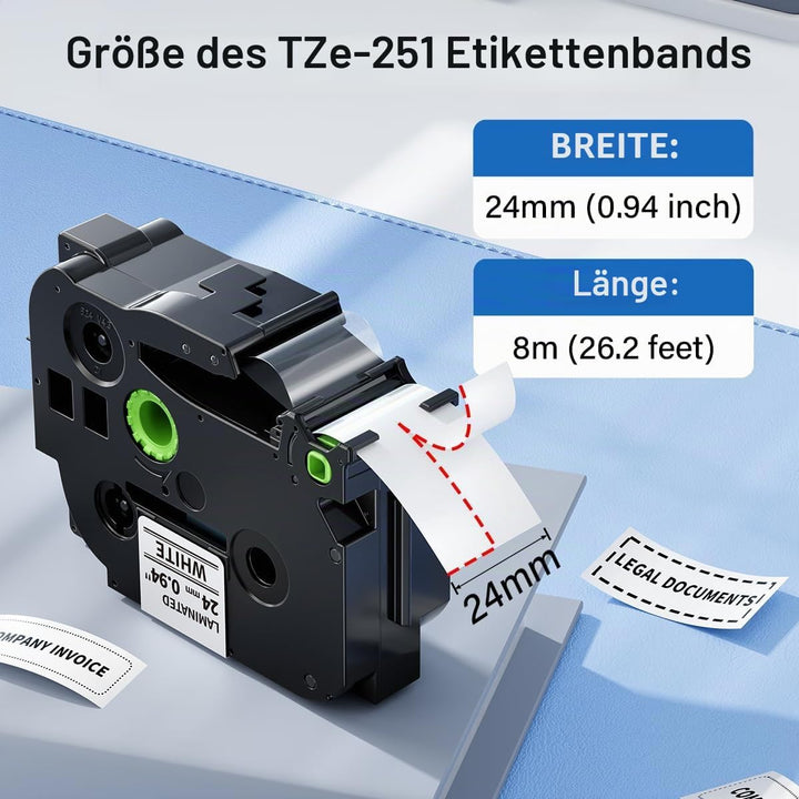 Tze-251 Schriftbänder 24mm Schwarz auf Weiss, kompatibel mit Brother P-touch Bänder 24mm für Brother