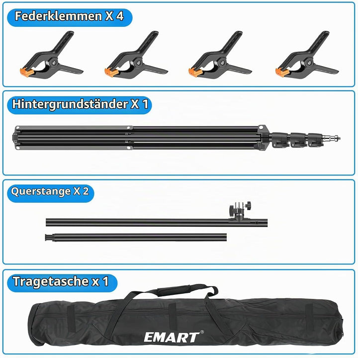 EMART T Form Hintergrund Ständer Hintergrundsystem, 1,5mx2,6m Fotohintergrund Ständer mit 4 Federcli