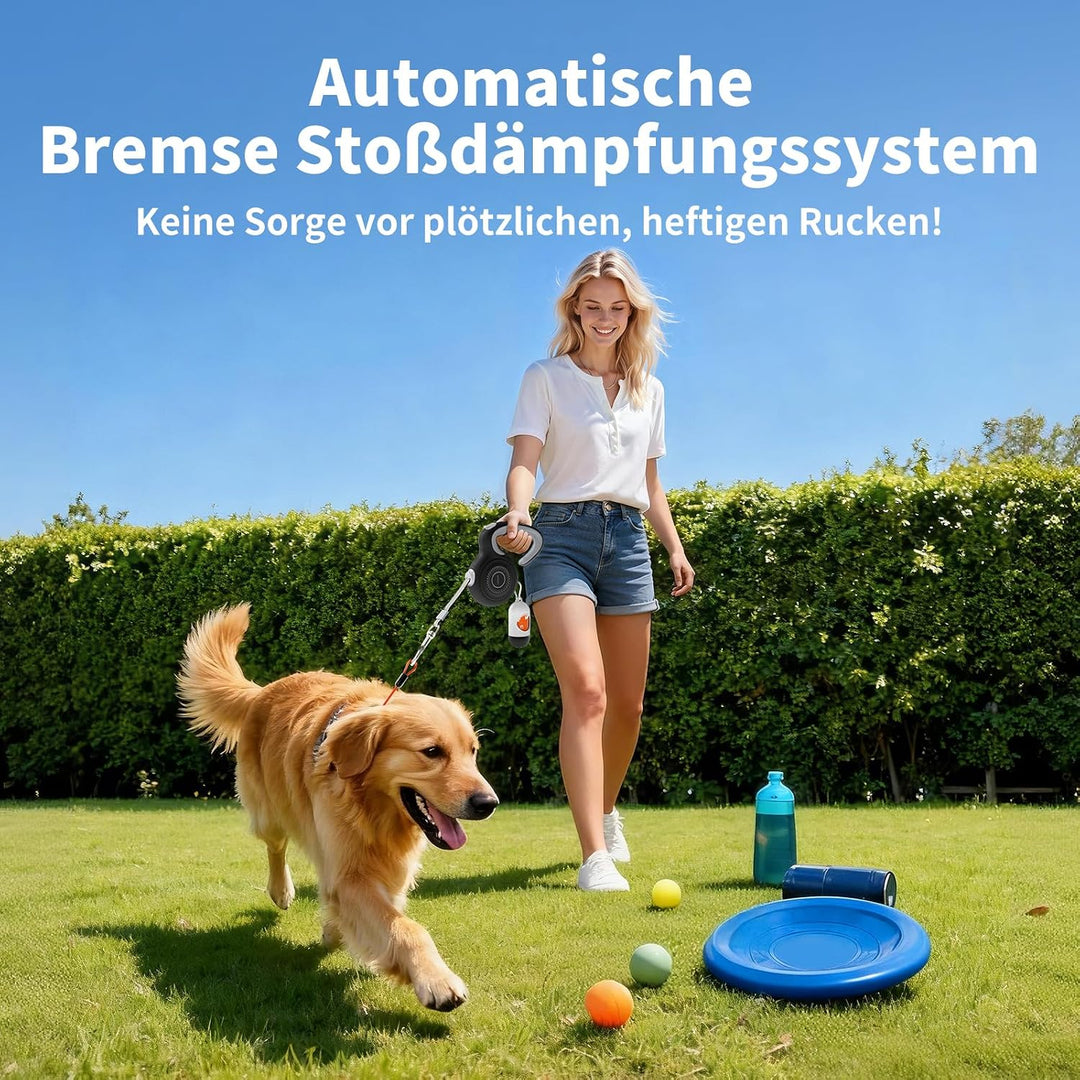 Ausziehbare Hundeleine 5m, kaubeständiges Stahldrahtseil, 360° verwicklungsfrei &amp; stossdämpfend, int