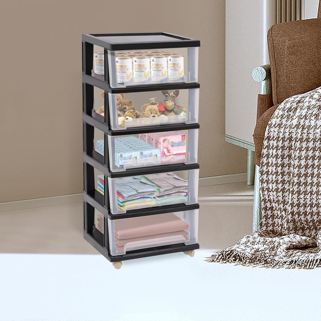 Kunststoff Schubladenbox, 5-stöckiges Kunststoff-Schubladenregal, Transparente Rollcontainer, Griffe