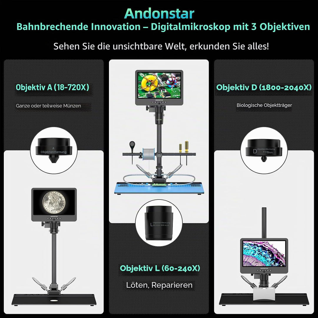 Andonstar AD249S-Max Digitales Mikroskop mit 3 Linsen, mit Max-Ständer