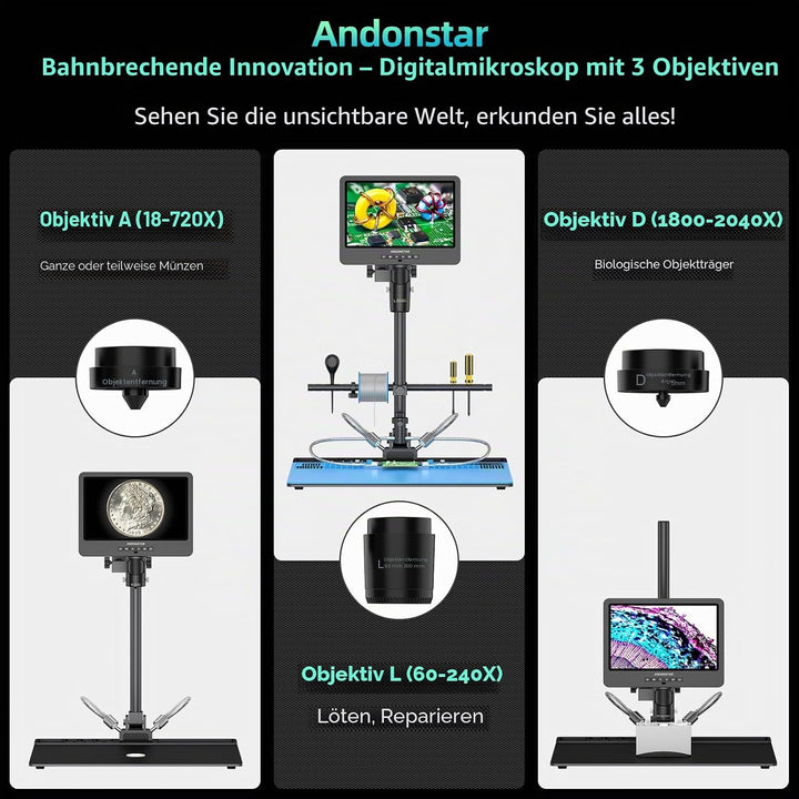Andonstar AD249S-Max Digitales Mikroskop mit 3 Linsen, mit Max-Ständer