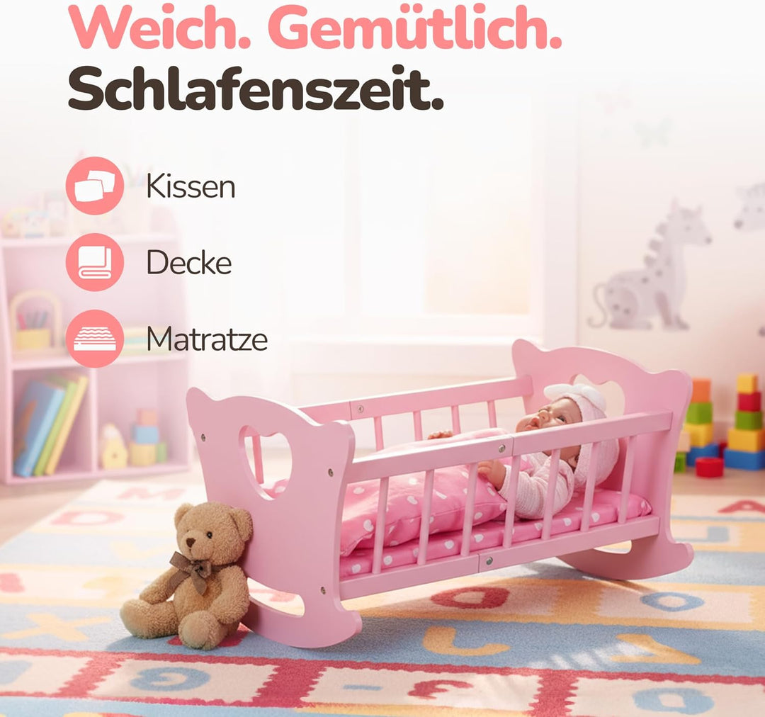 Kinderplay Holz Puppenwiege mit Bettwäsche – Schaukelbett für Puppen bis 49,5 cm – Nachhaltiges Holz