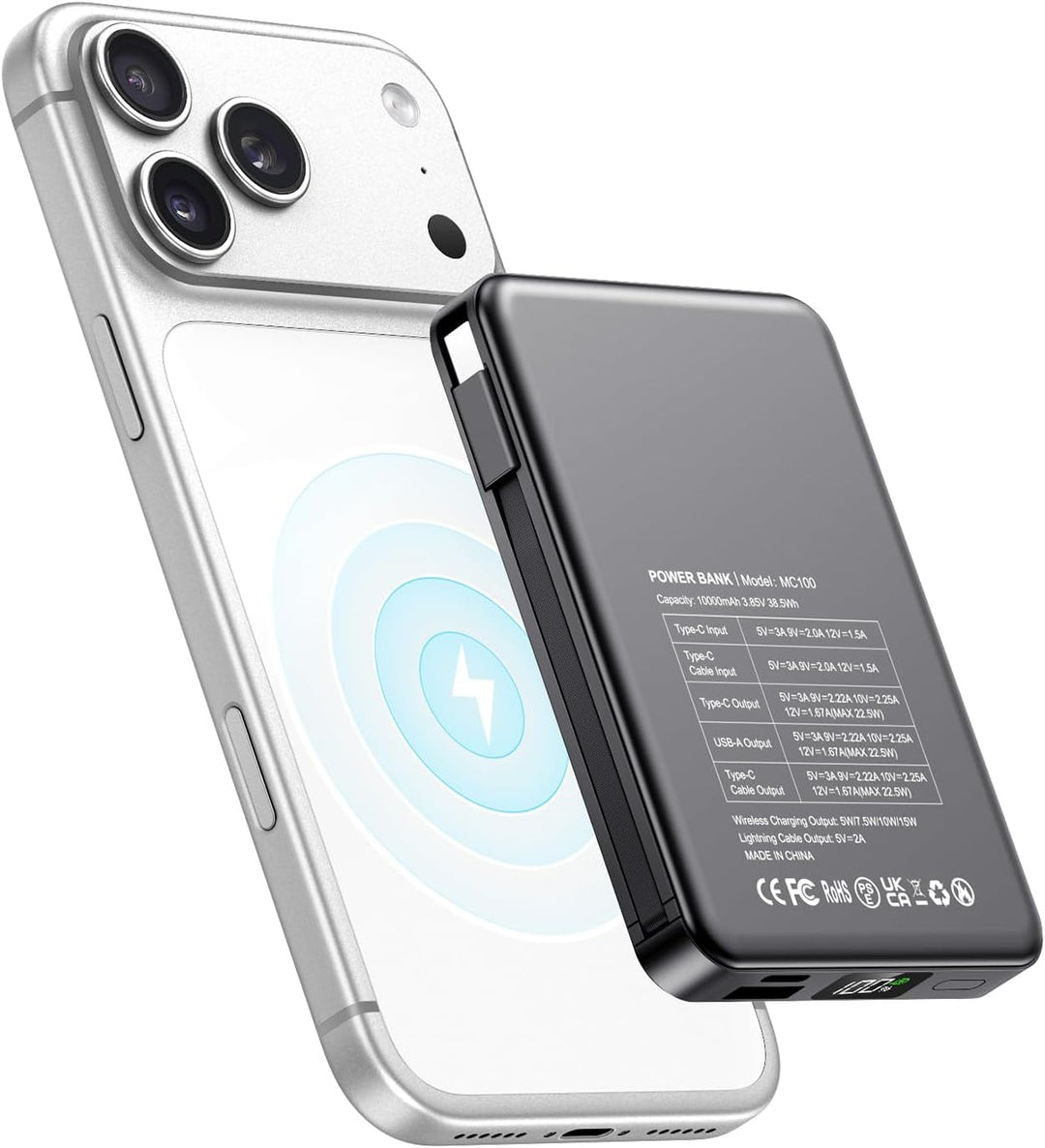 Magsaf Power Bank 10000mAh, Wireless Magnetische Powerbank Schnelles Laden mit LED-Display Mini Powe