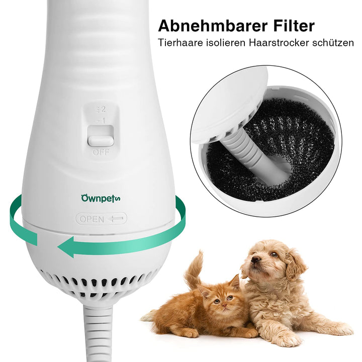Ownpets Hundefön mit Fellkamm, 2 in 1 Haustier Haartrockner Bürste, Hundetrockner, Temperatur einste