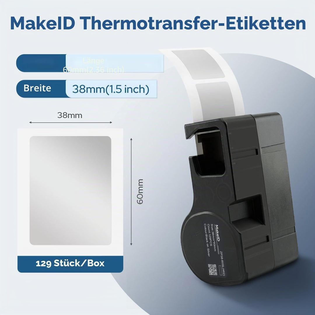 MakeID PET-Etiketten für Industrie-Etikettendrucker D50 – Schwarz auf Silber, 38 mm x 60 mm (129 Stü