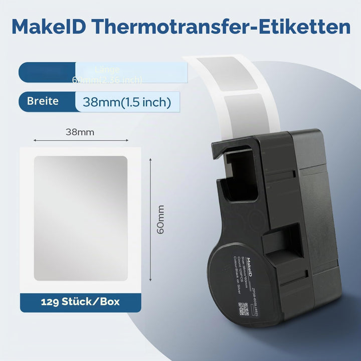MakeID PET-Etiketten für Industrie-Etikettendrucker D50 – Schwarz auf Silber, 38 mm x 60 mm (129 Stü
