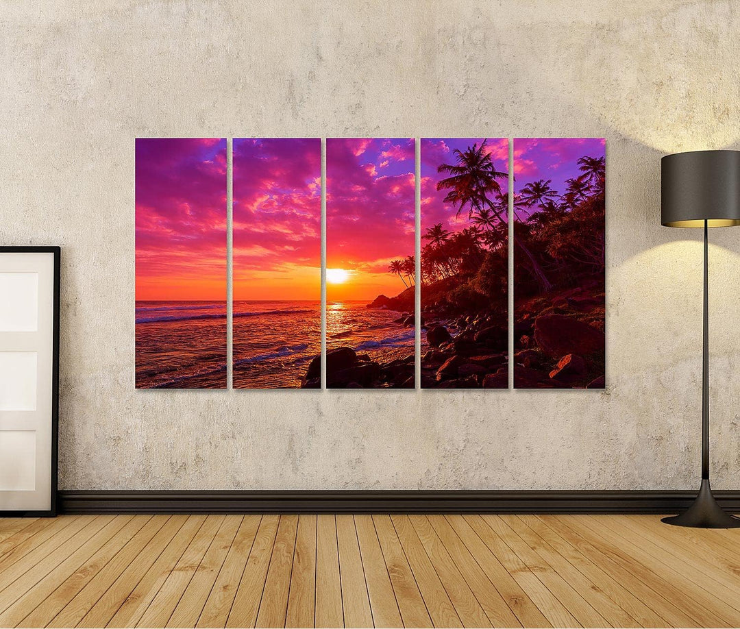 islandburner Bild auf Leinwand Sonnenuntergang Am Tropischen Strand Mit Palmen Silhouetten Bilder Wa