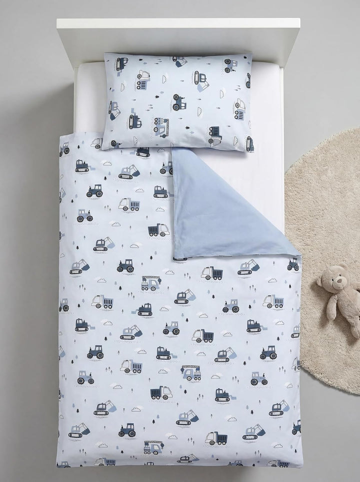 TupTam Kinder Bettwäsche Gemustert 2-Teilig Wendebettwäsche, Farbe: Baufahrzeuge/Bagger/Blau/Grau, G