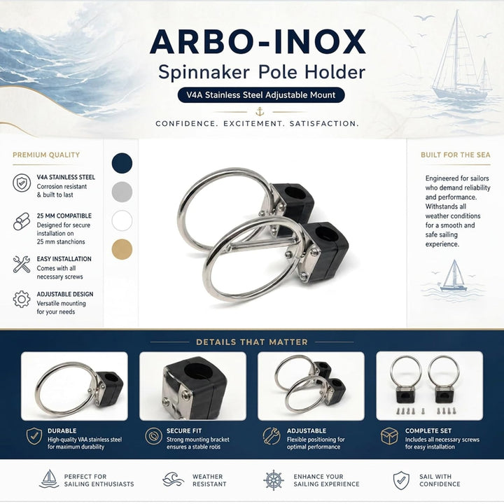 ARBO-INOX Spinnakerbaum Halter V4A Edelstahl – Verstellbare Relingbefestigung – Passend für 25 mm Re