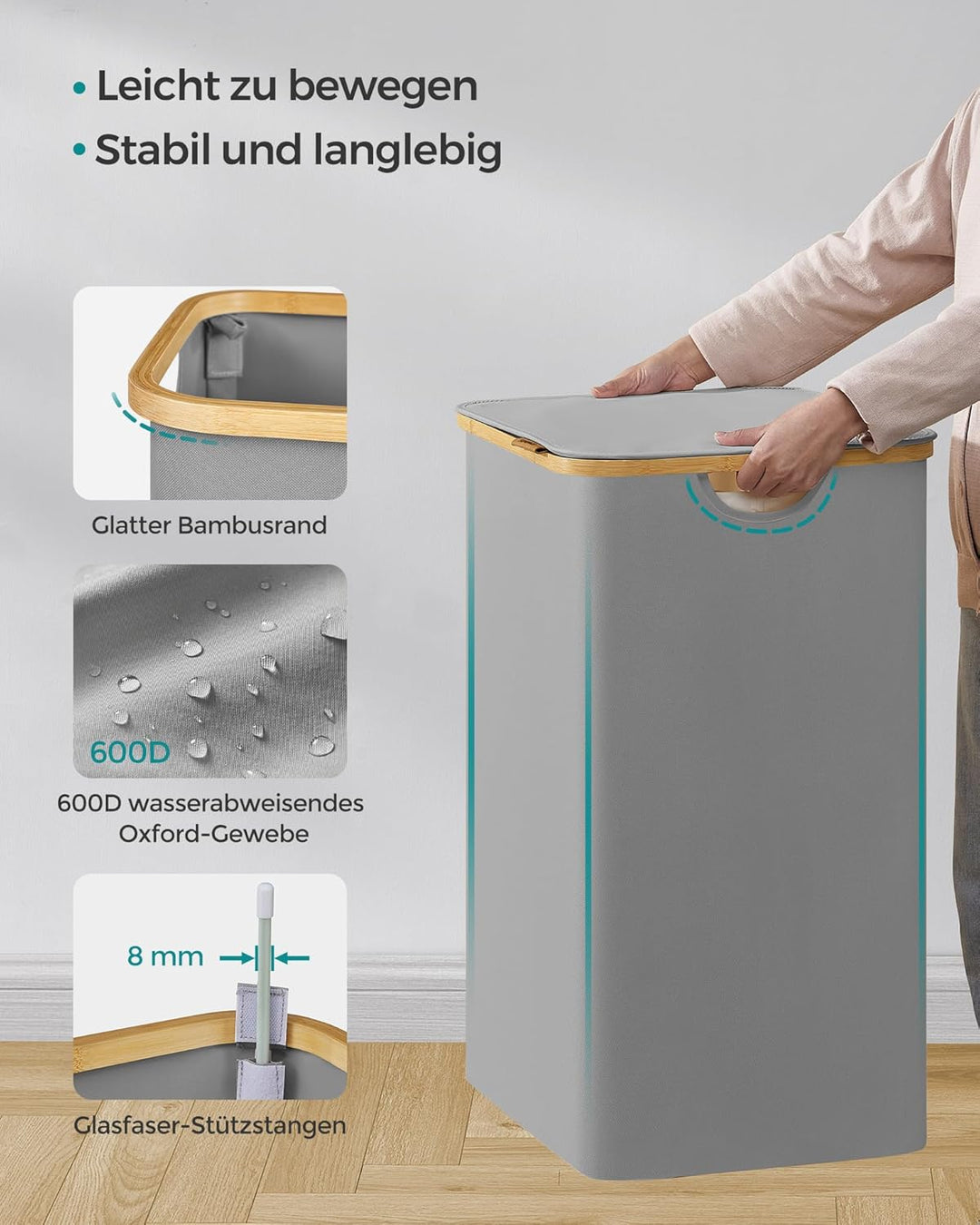 SONGMICS Wäschekorb mit Deckel, Wäschesammler mit 3 Fächern, 150 L, herausnehmbarer Wäschesack, Oxfo
