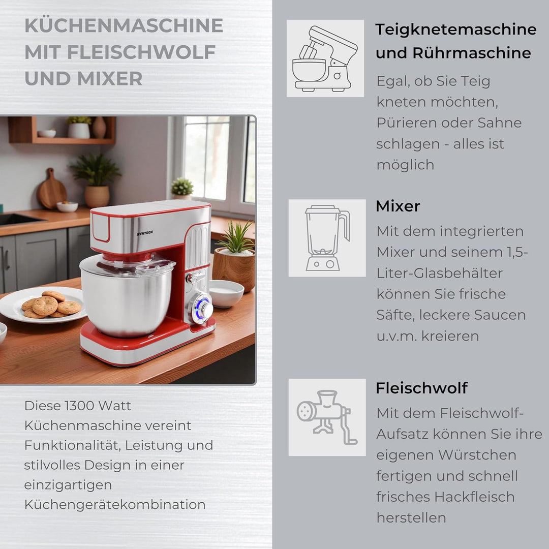 Syntrox Küchenmaschine Rot Fleischwolf & Mixer, Vielseitige Küchenmaschine, Platzsparende Küchenlösu