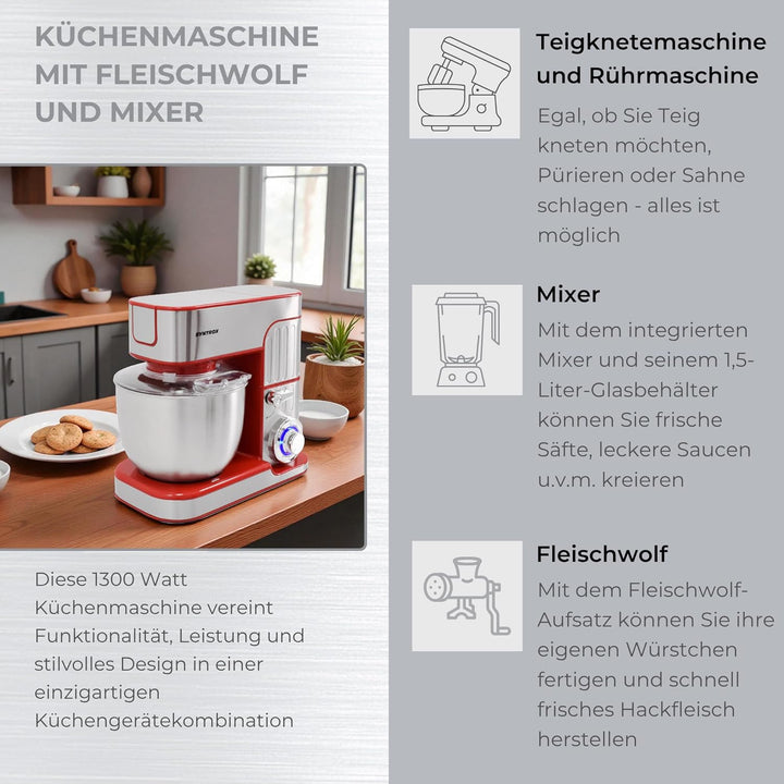 Syntrox Küchenmaschine Rot Fleischwolf & Mixer, Vielseitige Küchenmaschine, Platzsparende Küchenlösu