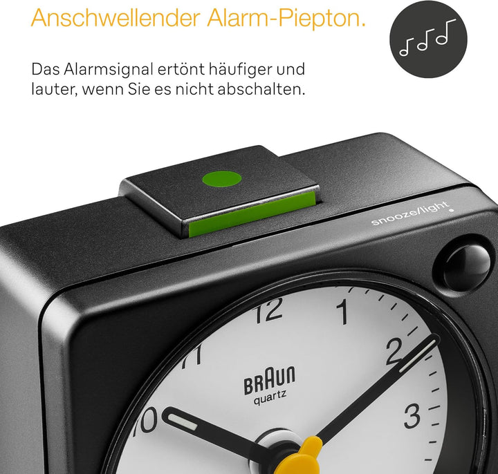 Klassischer analoger Reisewecker von Braun mit Schlummerfunktion und Licht, kompakte Grösse, ruhiges