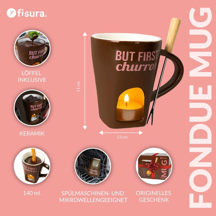 Fisura - Fondue Tasse für Schokolade und Käse, braune Keramiktasse 140 ml mit Gabel, originelle Gesc