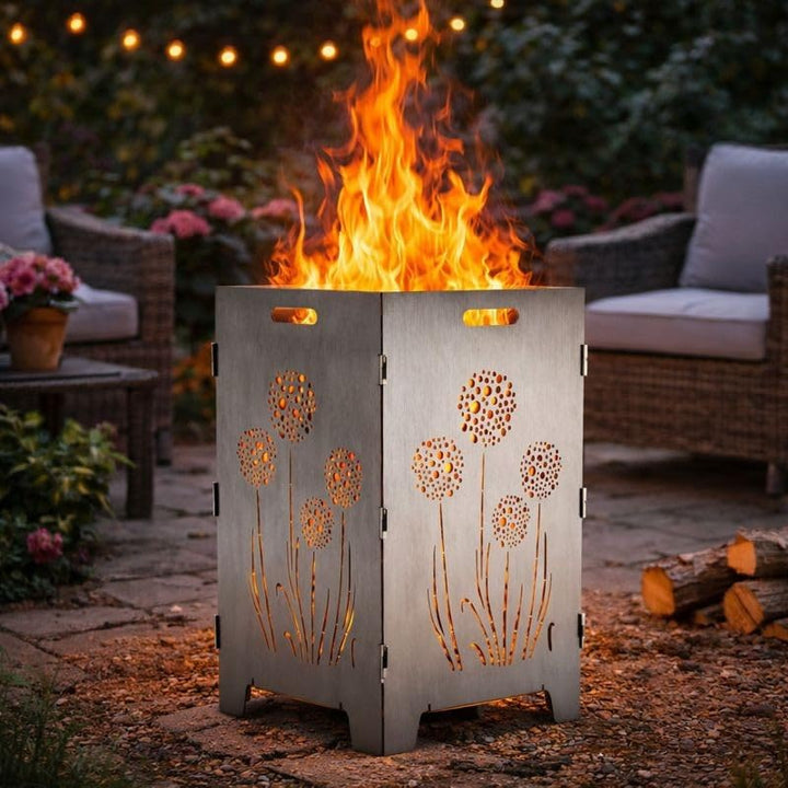 TiKo-Design® Feuerkorb/Feuertonne aus 3 mm Stahl mit Pusteblumen‑Laserung – 4‑Fach, stabil & mobil,