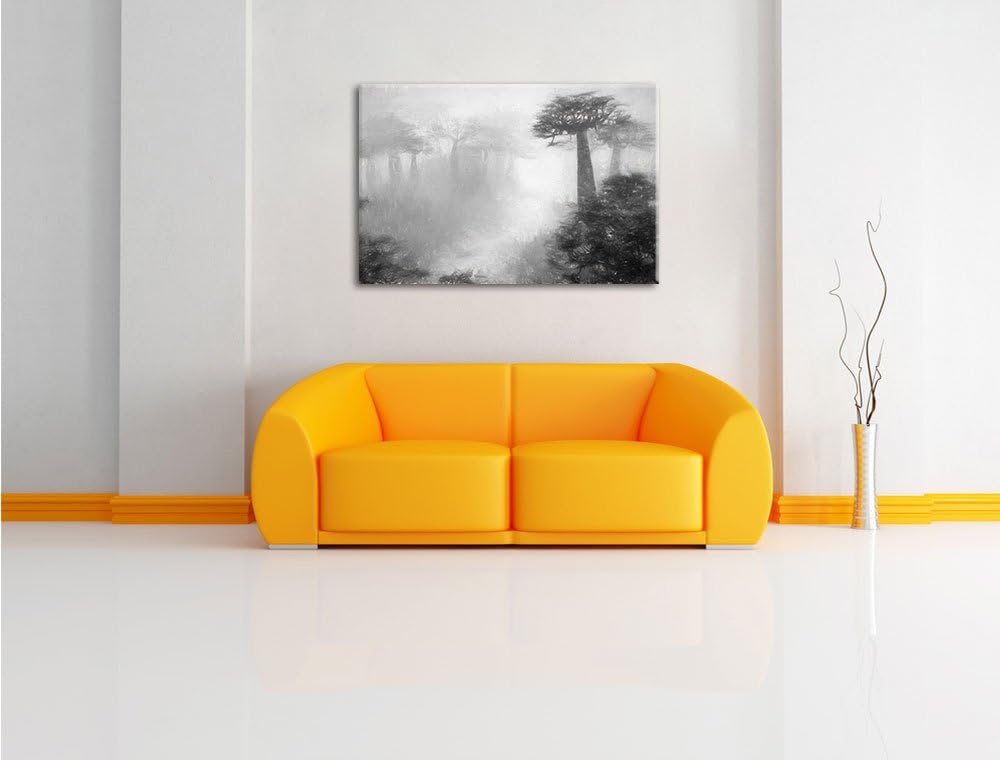 Pixxprint Mysteriöser Wald im Nebel Kohle Zeichnung Effekt, Format: 100x70 auf Leinwand, XXL riesige