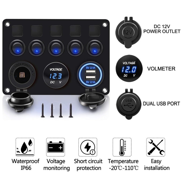 5 Gang Schalter Panel, 12V/24V Kippschalter Panel IP65 Wasserdichte LED Voltmeter Dual USB Buchse La
