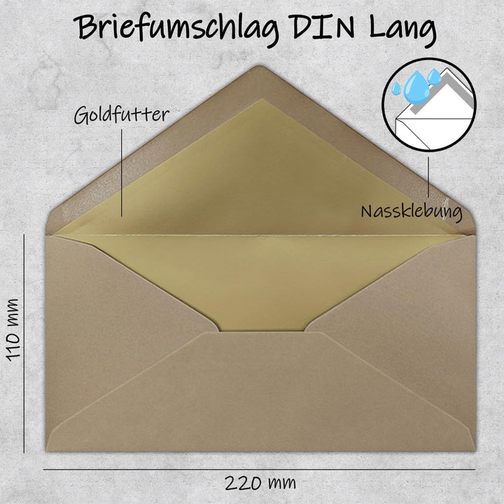 75 Brief-Umschläge DIN Lang - Cappuccino mit Gold-Metallic Innen-Futter - 110 x 220 mm - Nassklebung