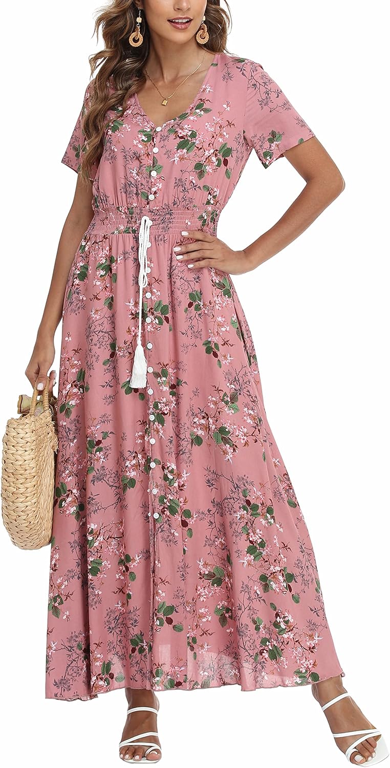 VOGMATE Damen Lange Split Knopf Up Sommer Maxikleid Floral Strandwear Holidy Kleid Hohe Taille mit k